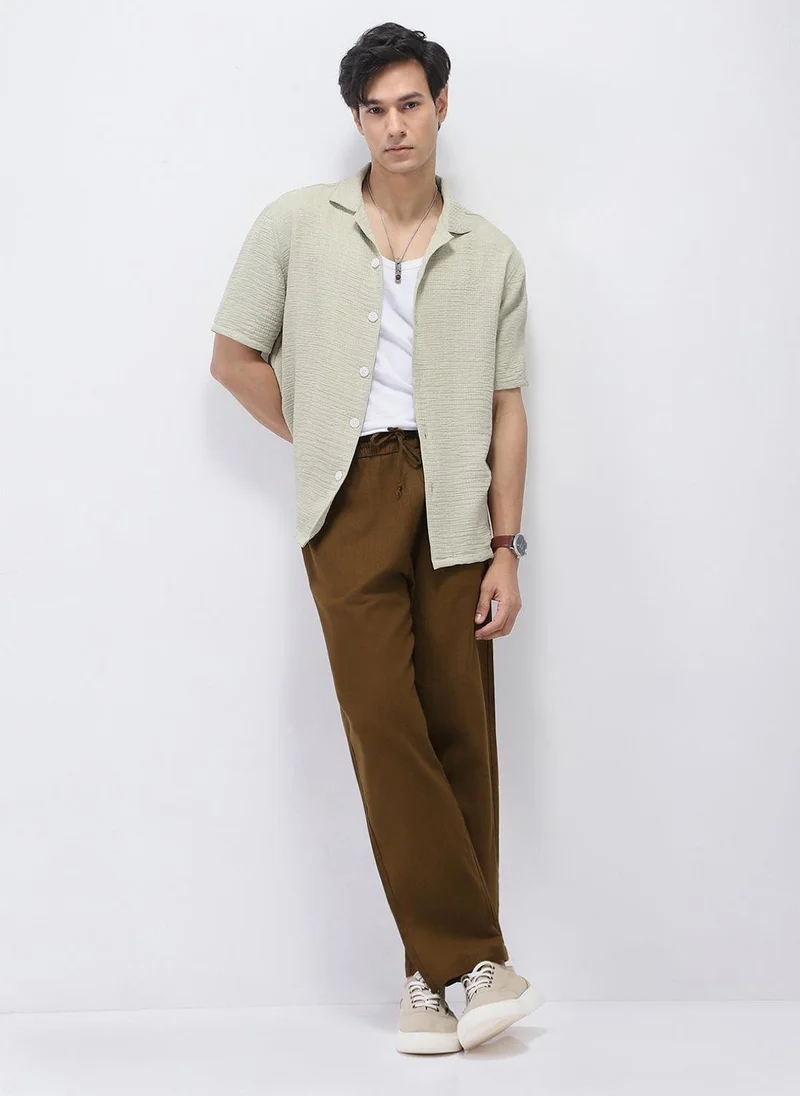Urbano Fashion  Urbano Fashion Men's Khaki Loose Fit Solid Linen Blend Trousers Non-Stretchable for Men | Best Price UAE